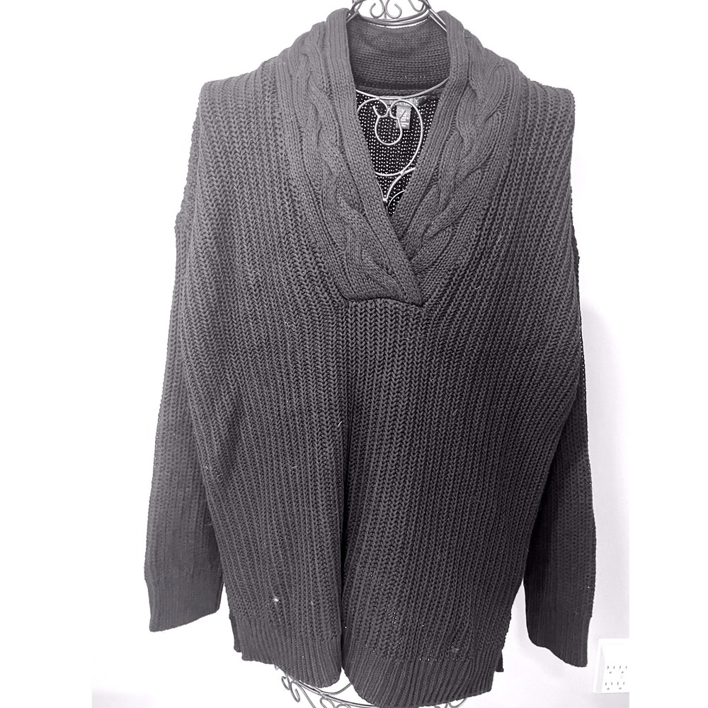 Lauren Ralph Lauren Black Cotton Cable V-Neck Chunky Knit Sweater Pullover‎ XL